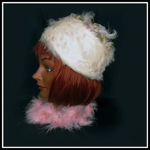Vintage Hat + HATBOX Spring Toque White Feather Hat Pink Flowers 50s 1950s - Picture 2 of 15